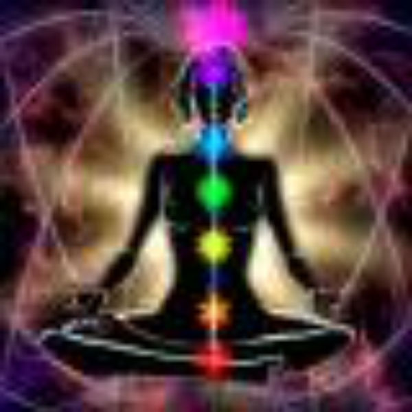 Medical Intuitive healer's pic of colorful chakras in seated figure with dynamic healthy energy field